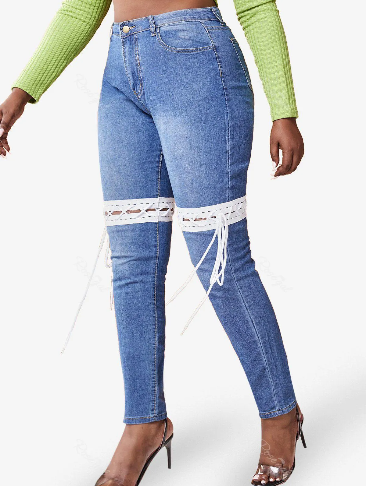 Plus Size Lace-up Detachable Skinny Jeans - 3xl