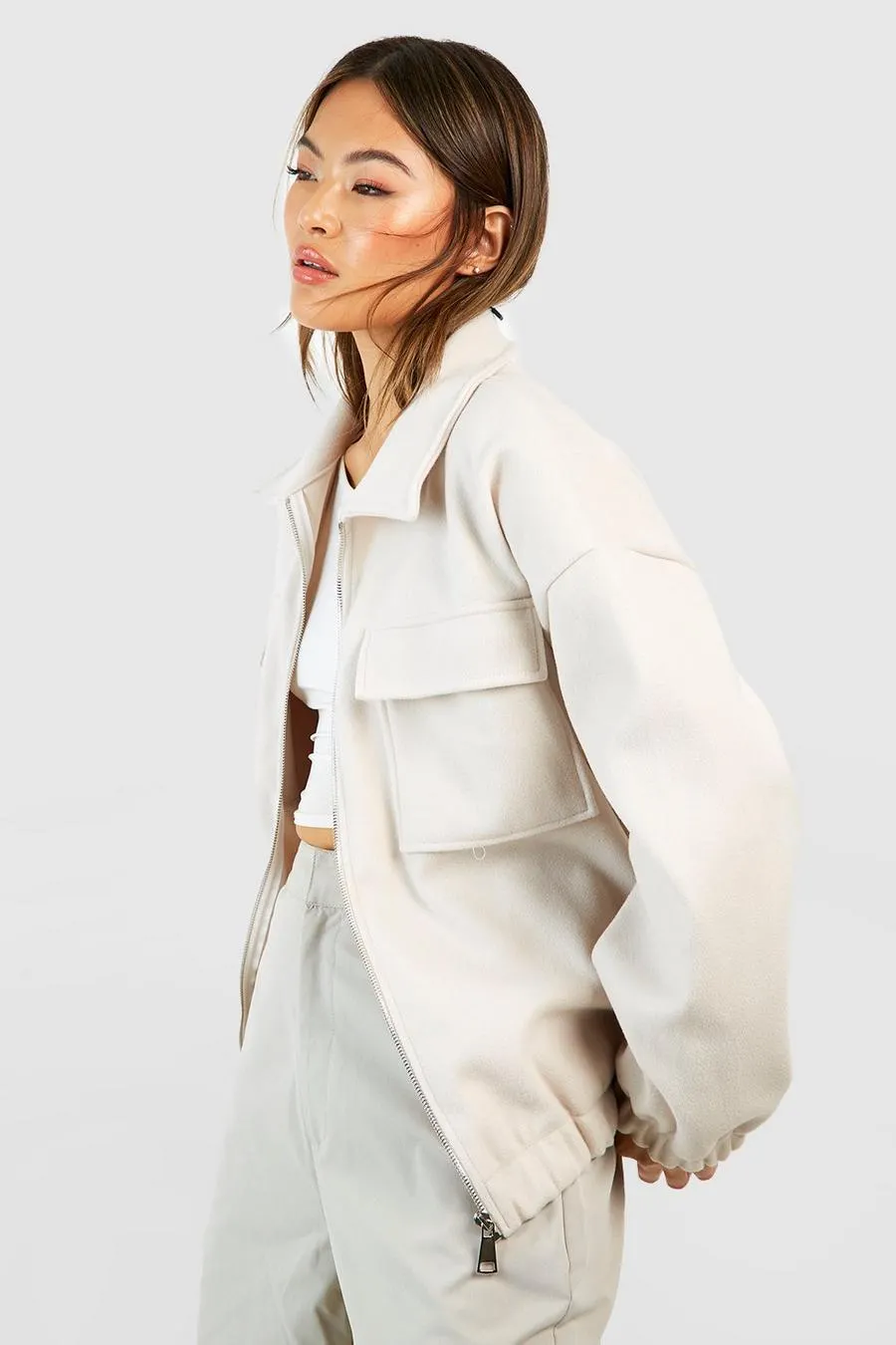 Wool Look Pocket Detail Oversized Bomber Jacket