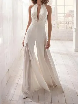 White Halter Plunge Open Back Jumpsuit