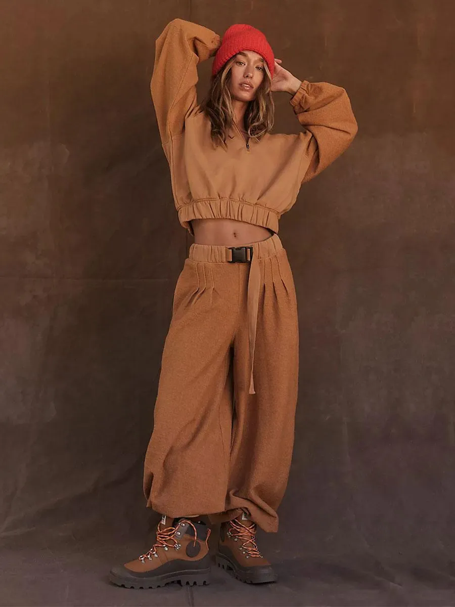Pant Set Coffee Brown Daily Casual Polyester Sash Chic