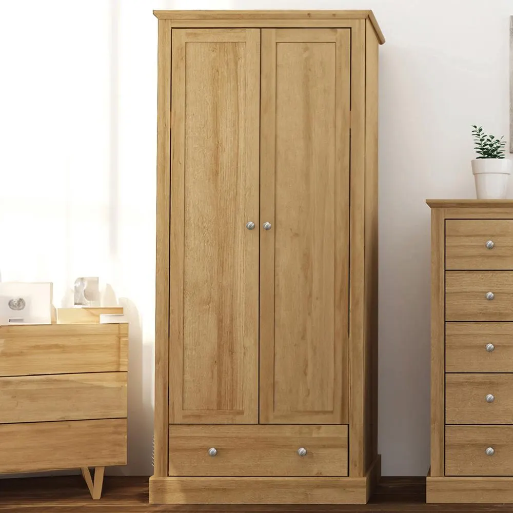 Devon 2 Door Single Drawer Oak Effect Wardrobe