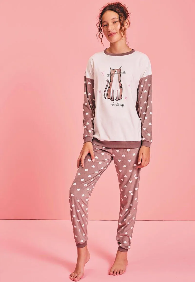 Girls Mocha Cat Baby Fleece Pyjama Set