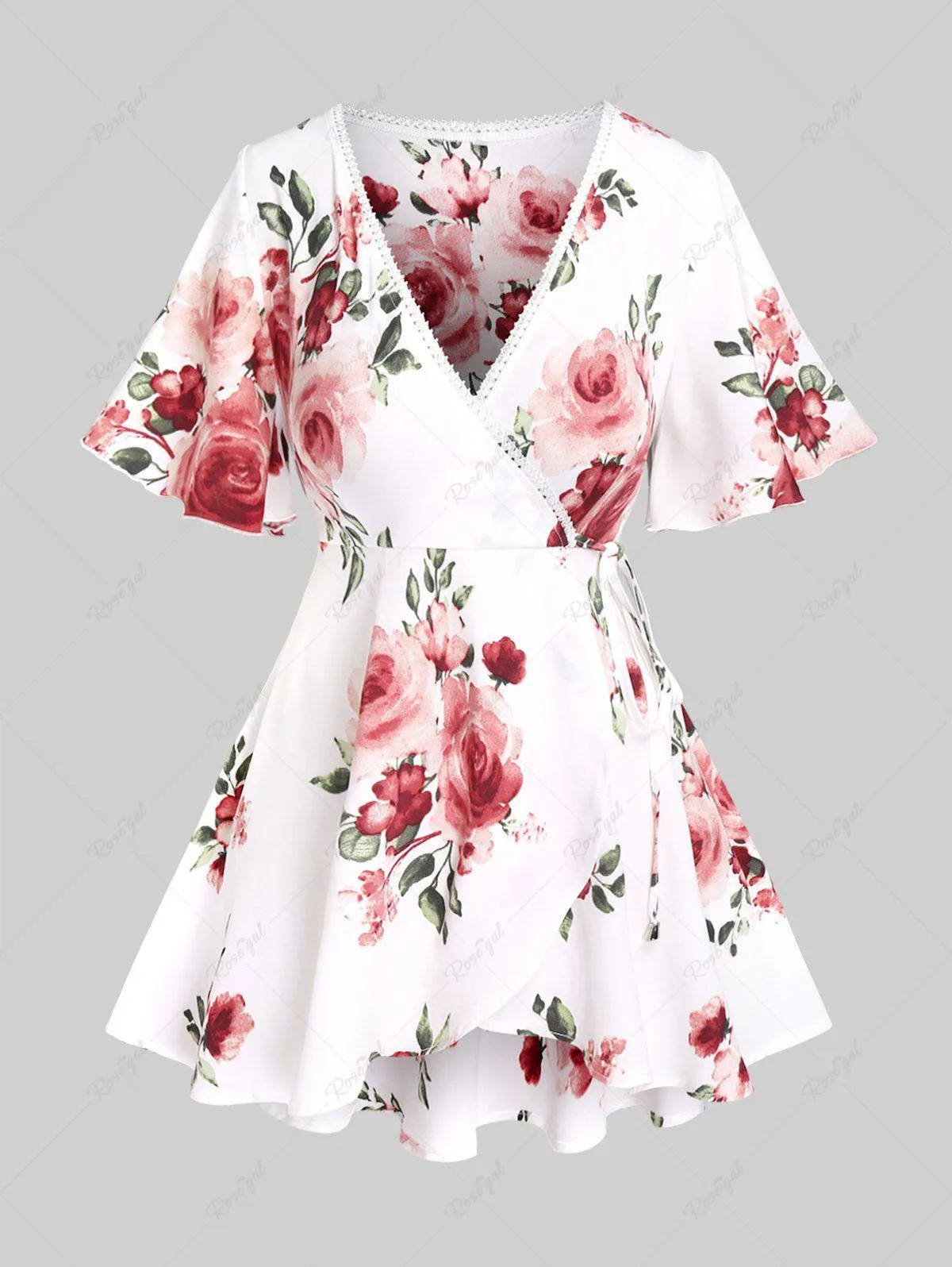 Plus Size Guipure Lace Trim Tie Asymmetric Cottagecore Floral Tulip Top - M | Us 10