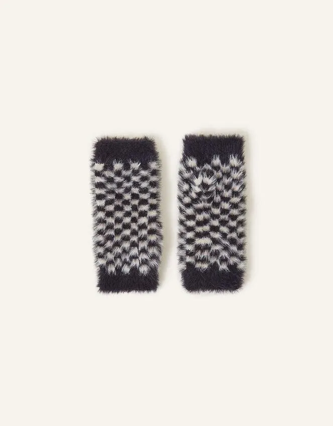 Checkerboard Fluffy Fingerless Gloves