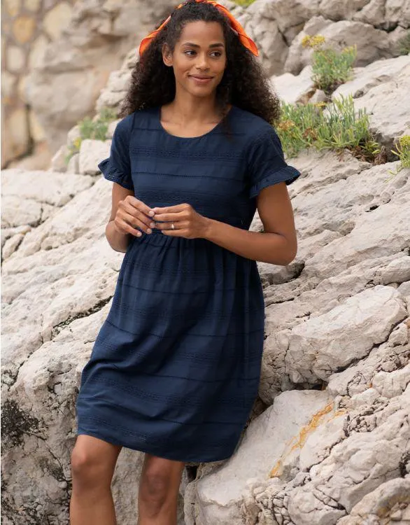 Navy Blue Cotton Broderie Maternity & Nursing Dress