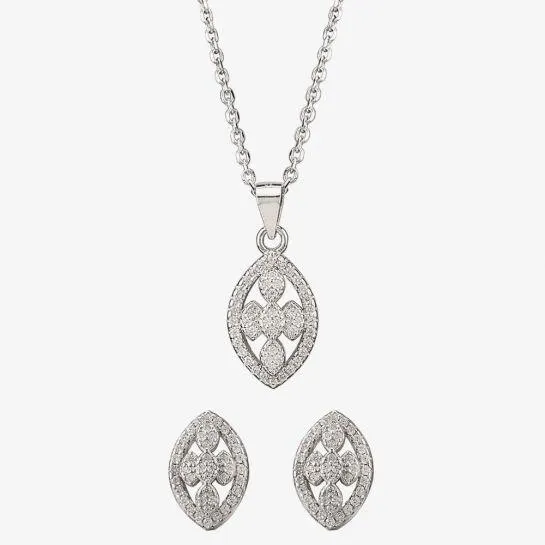 Silver Pavé Open Marquise Pendant and Earring Set