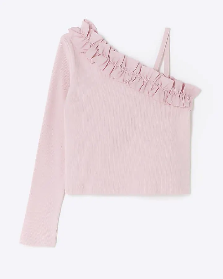 Girls pink one shoulder frill top