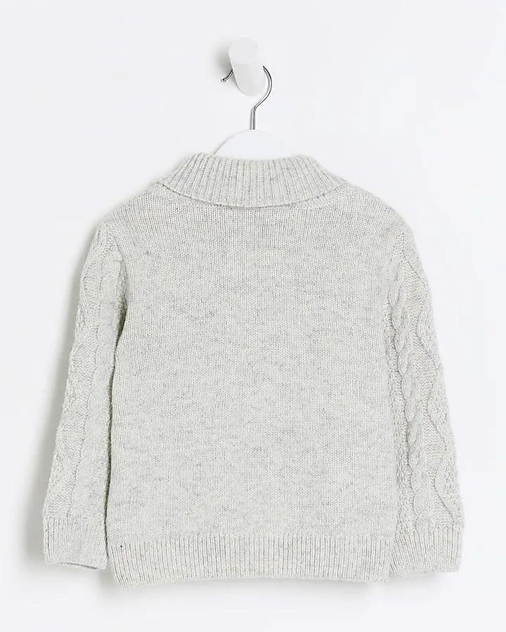 Mini boys grey cable knit shawl jumper