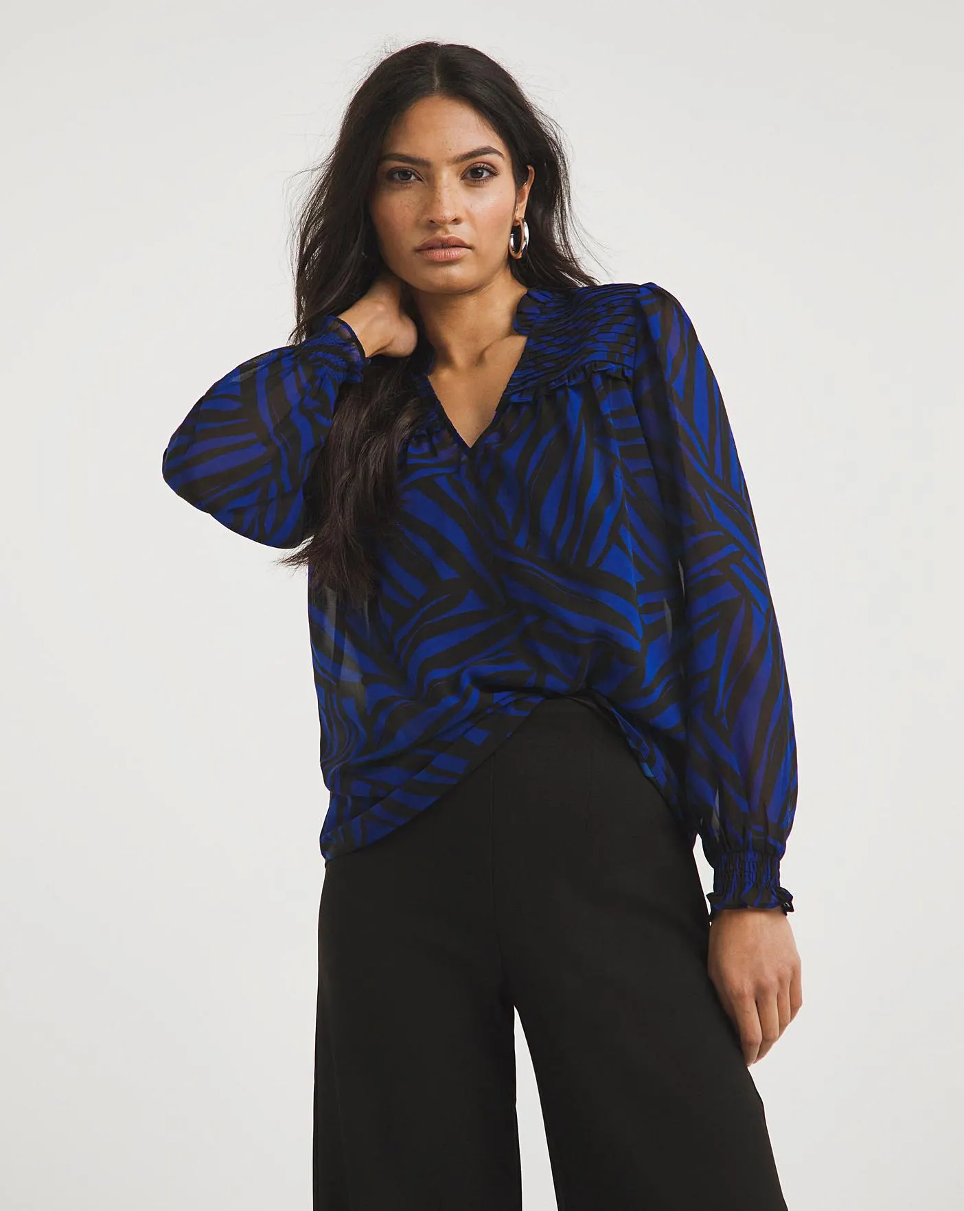 Blue Print Sheer Shirred Yoke Top