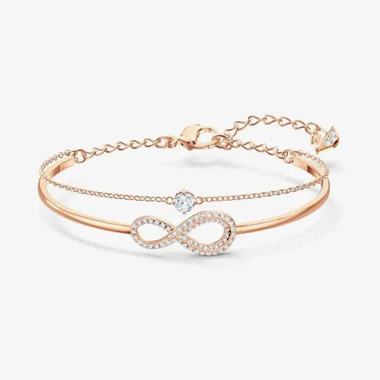 Infinity Heart Double Row Rose Gold Tone White Crystal Bangle