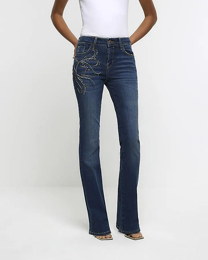 Blue high waisted embellished flare jeans