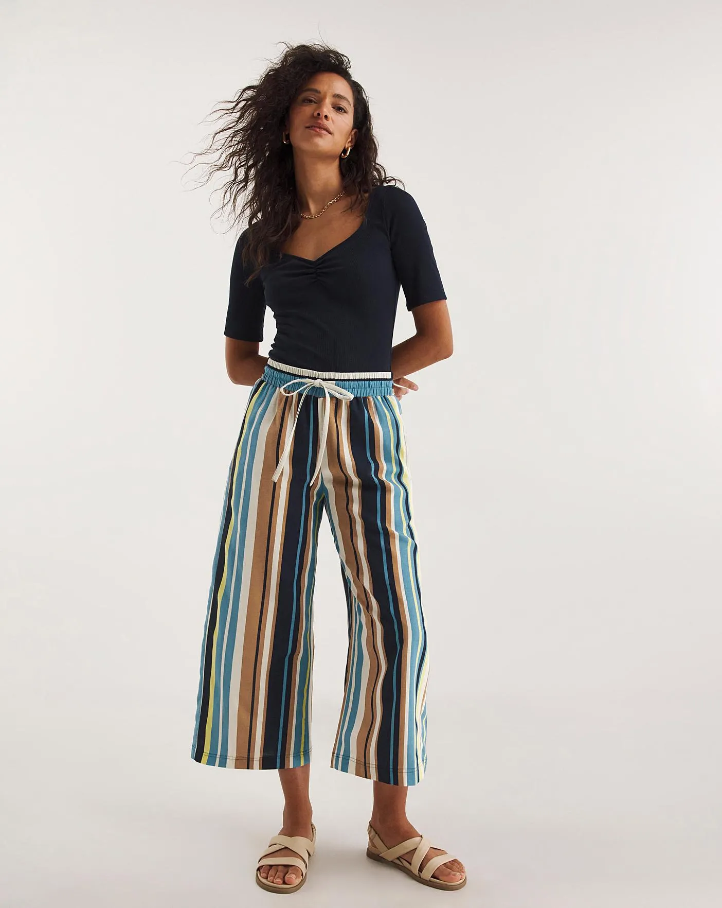 Printed Stripe Linen Mix Wide Leg Culottes