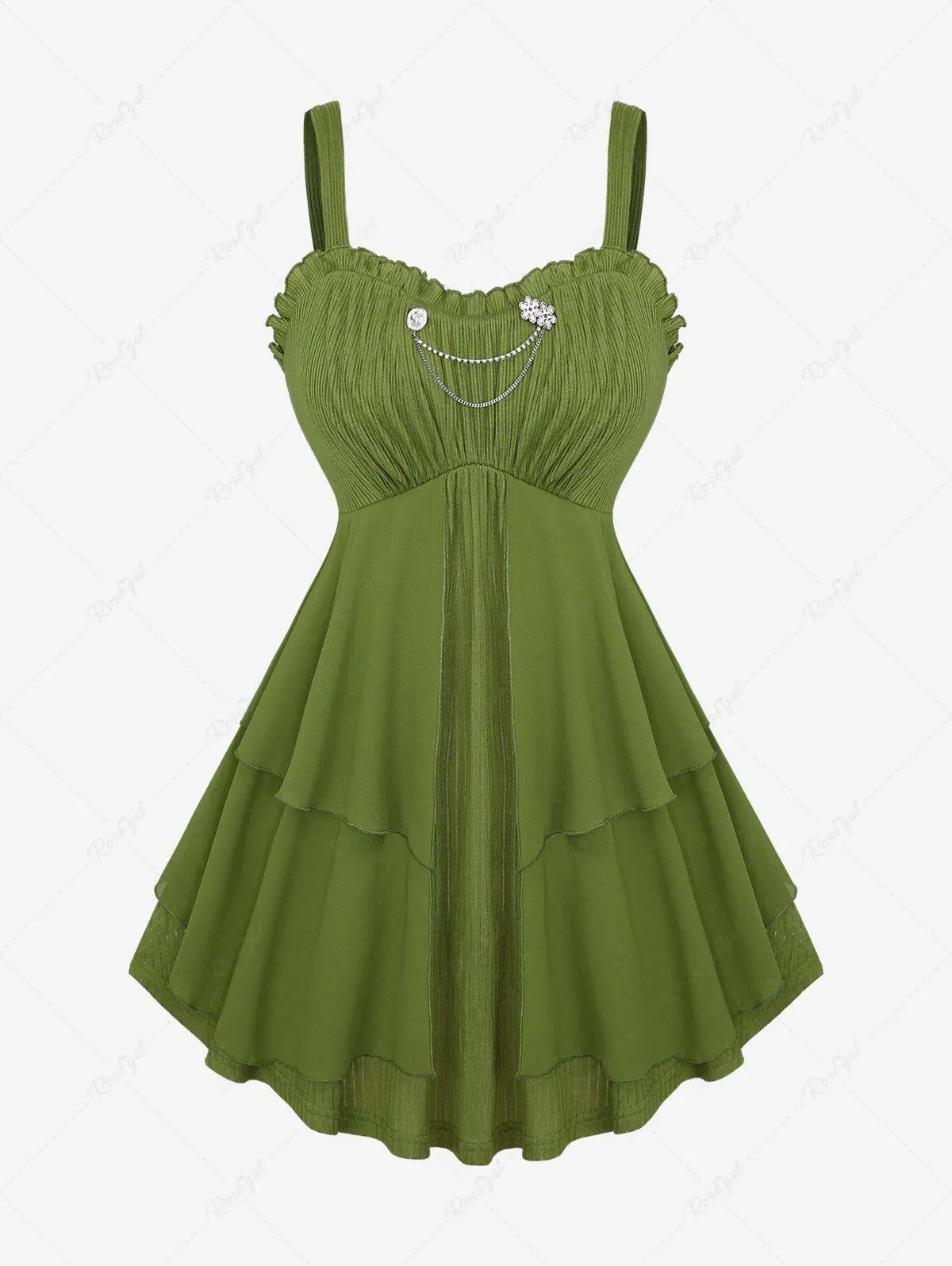 Plus Size Floral Chain Decor Ruffles Ruched Layered Solid Chiffon Tank Top - 2x | Us 18-20