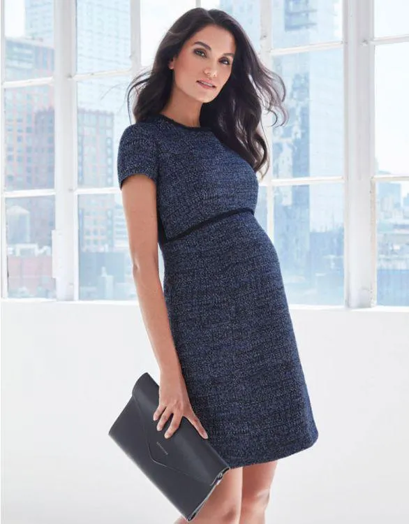 Navy Blue Bouclé Maternity Shift Dress