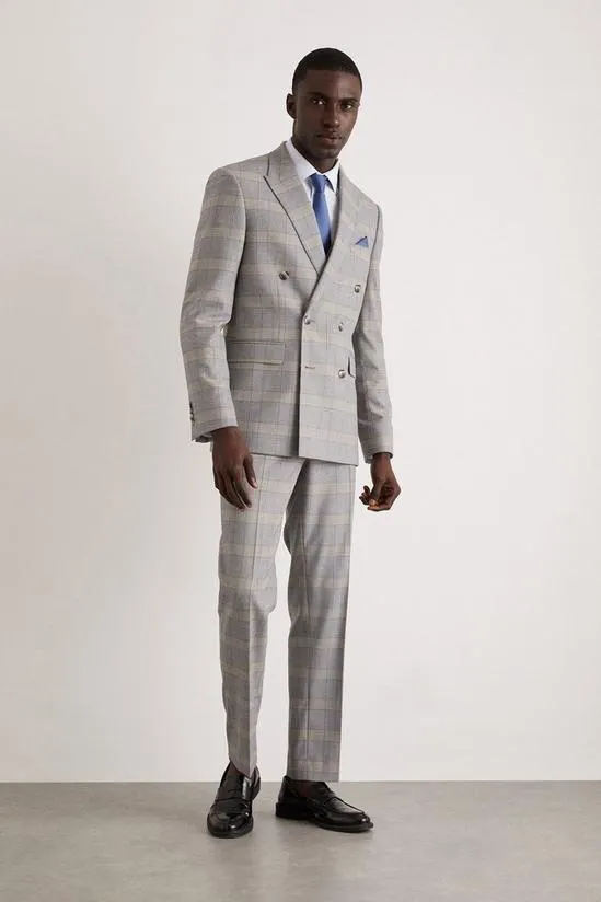 Slim Fit Double Breasted Grey Highlight Check Suit Jacket