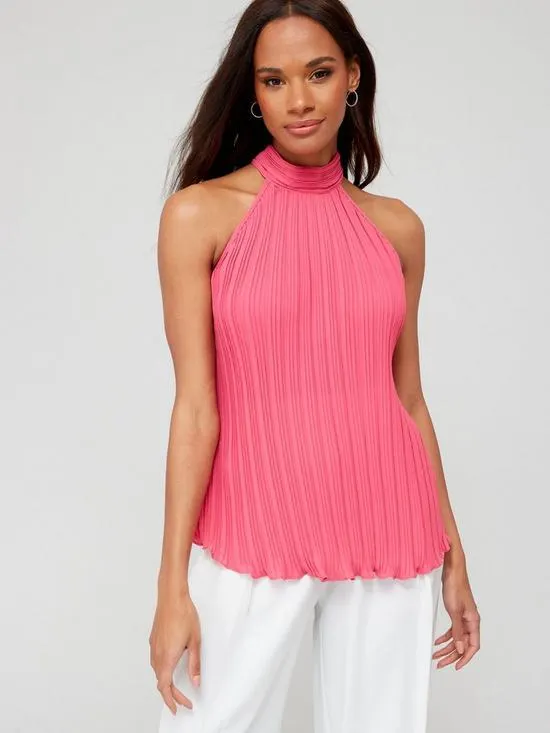 Pleated Halter Neck Blouse - Pink