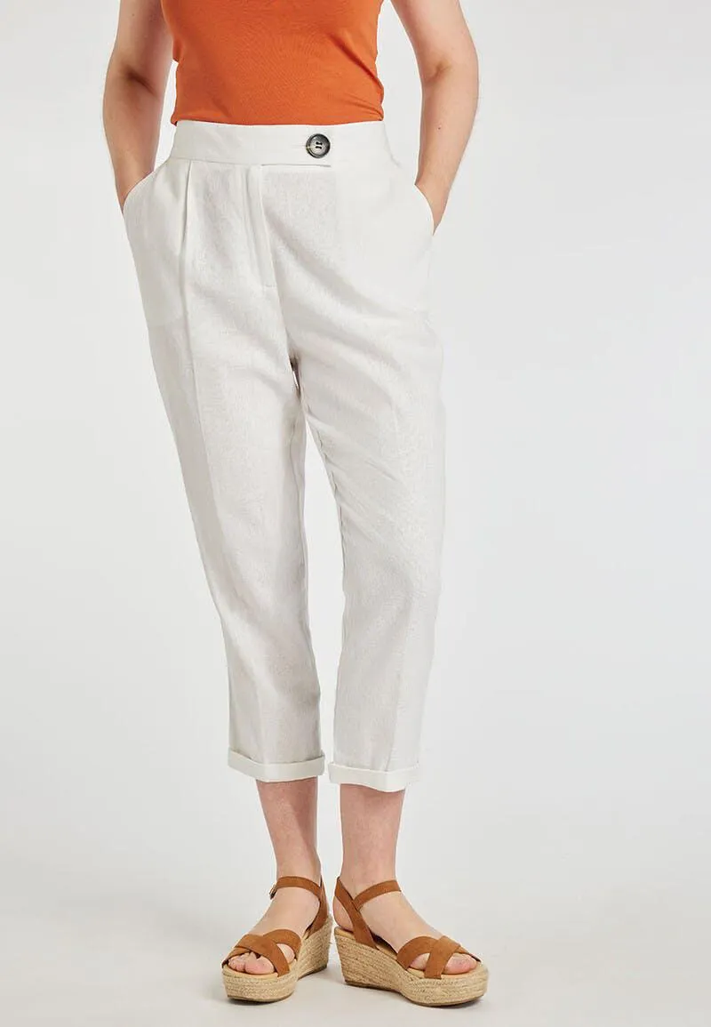 Womens White Linen Statement Button Trousers