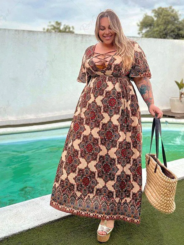 Flutter Sleeve Ethnic Printed Lace Up Plus Size Dress - 1x