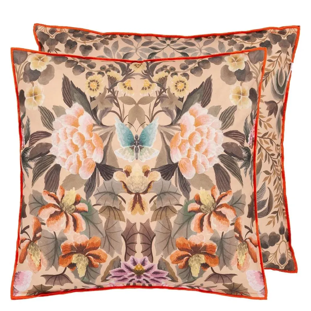 Ikebana Damask Coral Cotton Cushion