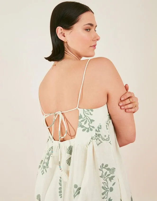 Ornamental Print Open Tie Back Maxi Dress Ivory