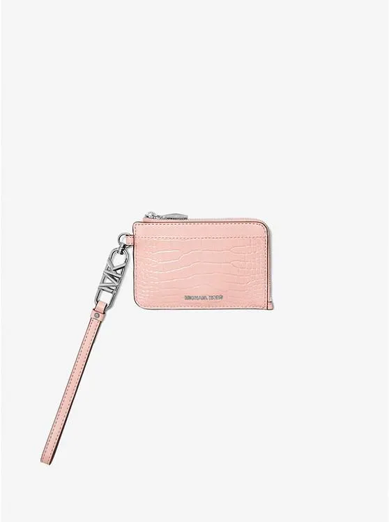 Small Crocodile Embossed Leather Zip Card Case