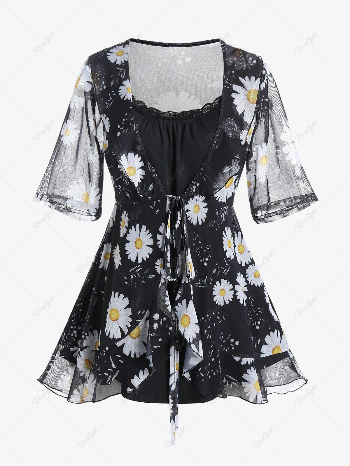 Plus Size Sunflower Print Sheer Mesh Blouse and Camisole Set - M | Us 10