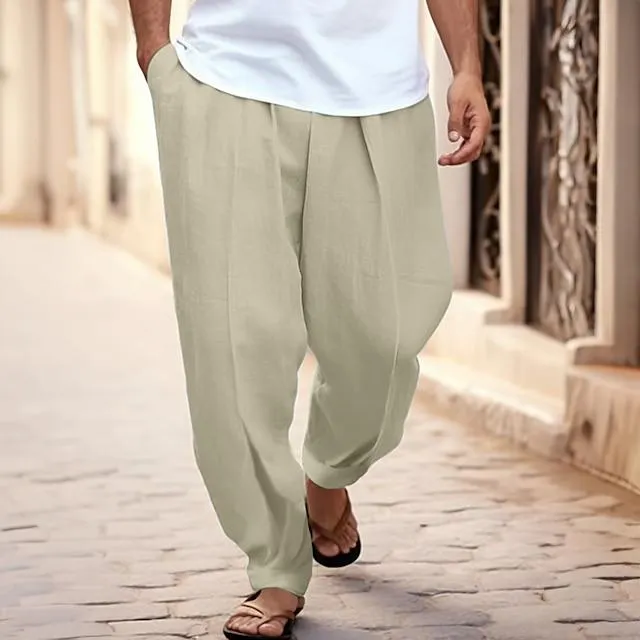 Men's Linen Pants Trousers Summer Pants Tapered Carrot Pants Beach Pants Front Pocket Pleats Plain Comfort Breathable Casual Daily Holiday Linen / Cotton Blend Fashion Basic Black White