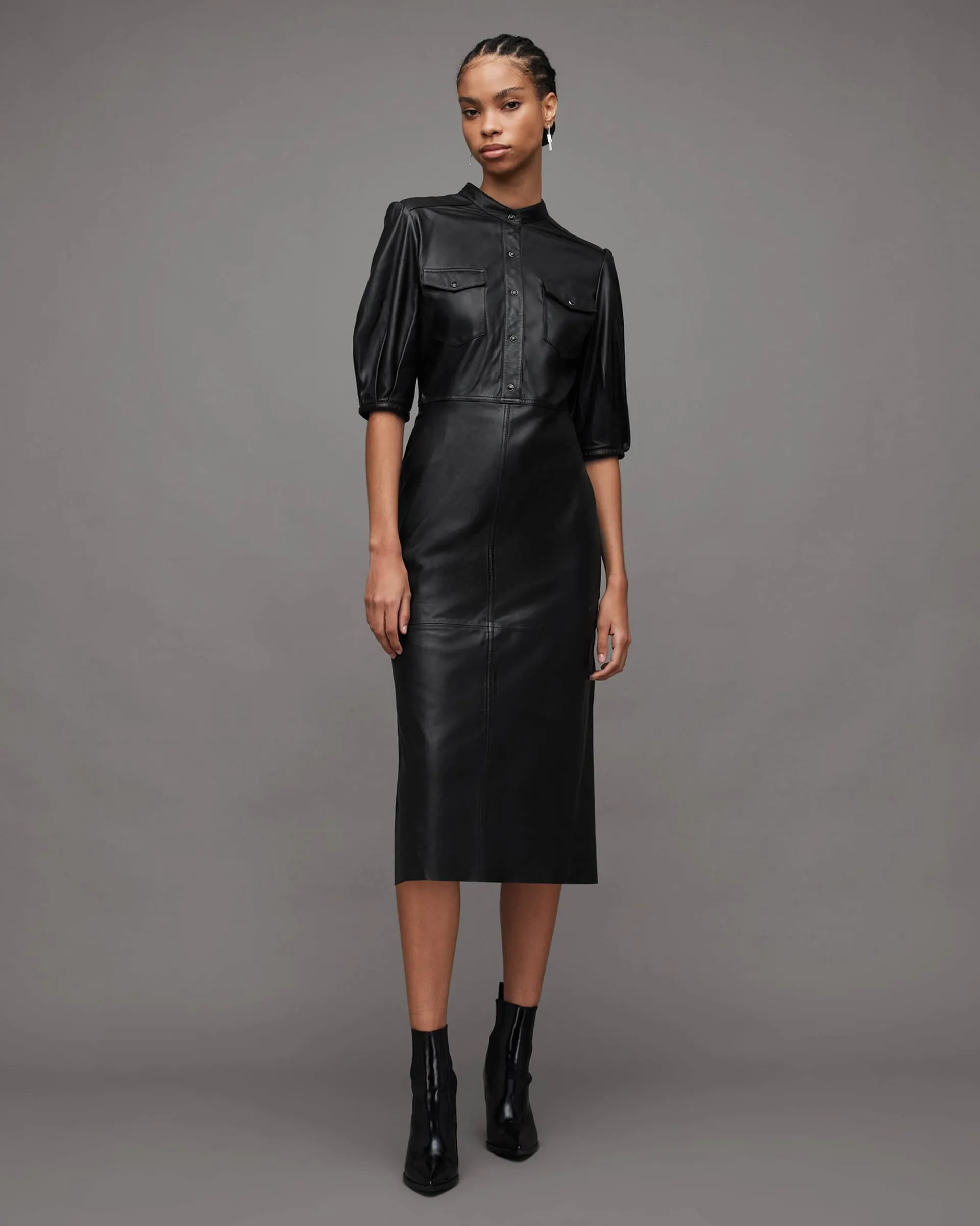 Jackie Puff Sleeve Leather Midi Dress