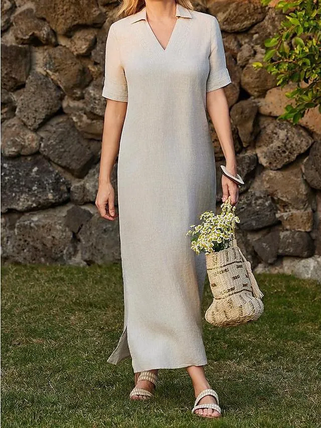 100% Linen Women's Casual Dress Summer Plain Long Dress Breathable And Soft Luxurious Linen Dress Beige Split Street Streetwear Split Neck Short Sleeve Loose Fit