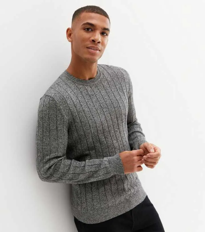 Grey Ribbed Fine Knit Crew Neck Jumper