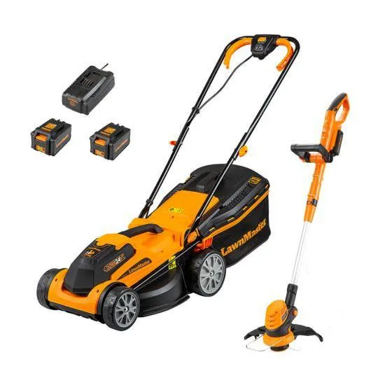LawnMaster MX 24V 34cm Cordless Lawnmower and Grass Trimmer Set with 2 battery packs