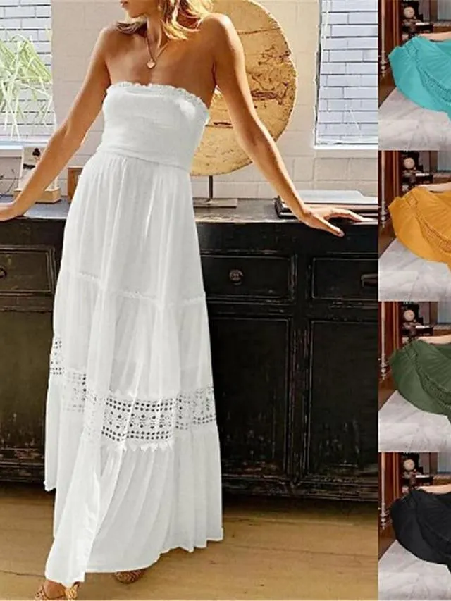 Women's Casual Dress Swing Dress A Line Dress Long Dress Maxi Dress Lace Backless Street Date Streetwear Maxi Strapless Sleeveless Loose Fit Black White Yellow Color S M L XL 2XL Size