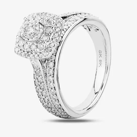 9ct White Gold 1.00ct Diamond Fancy Shouldered Square Cluster Ring