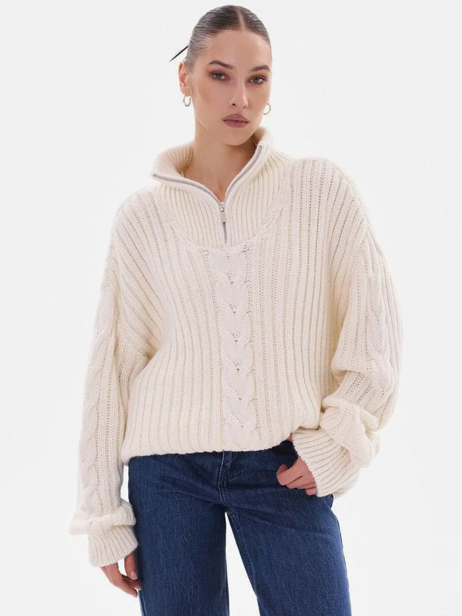 Women Pullover Sweater Zipper Stand Collar Long Sleeves Daily Fall Sweaters