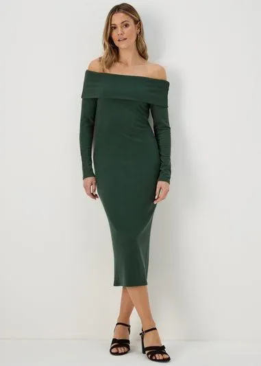 Khaki Ribbed Bardot Dress - Size 8