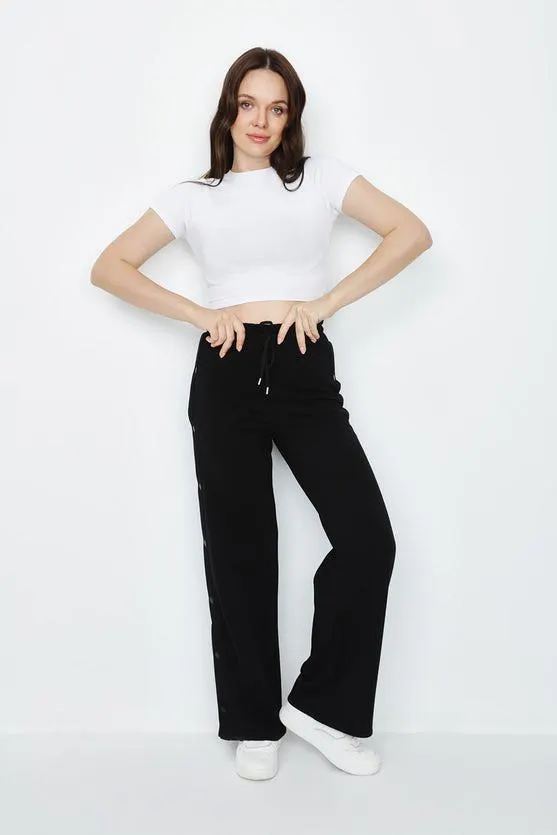 Black Popper Side Wide Leg Joggers