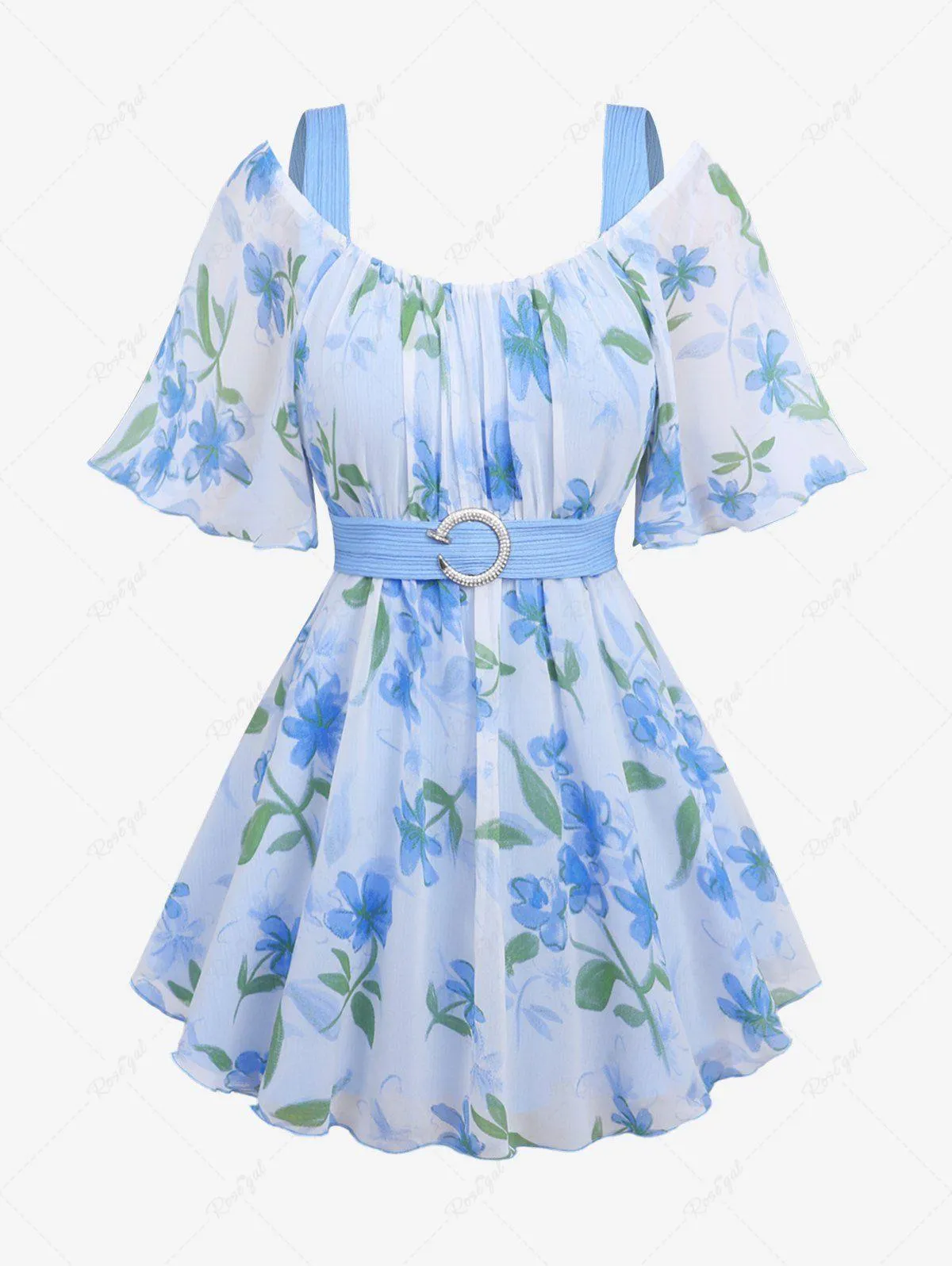 Plus Size Flutter Sleeves Cold Shoulder Ombre Flower Leaf Print Ruched Glitter Buckle Chiffon Overlay Belted Top - L | Us 12