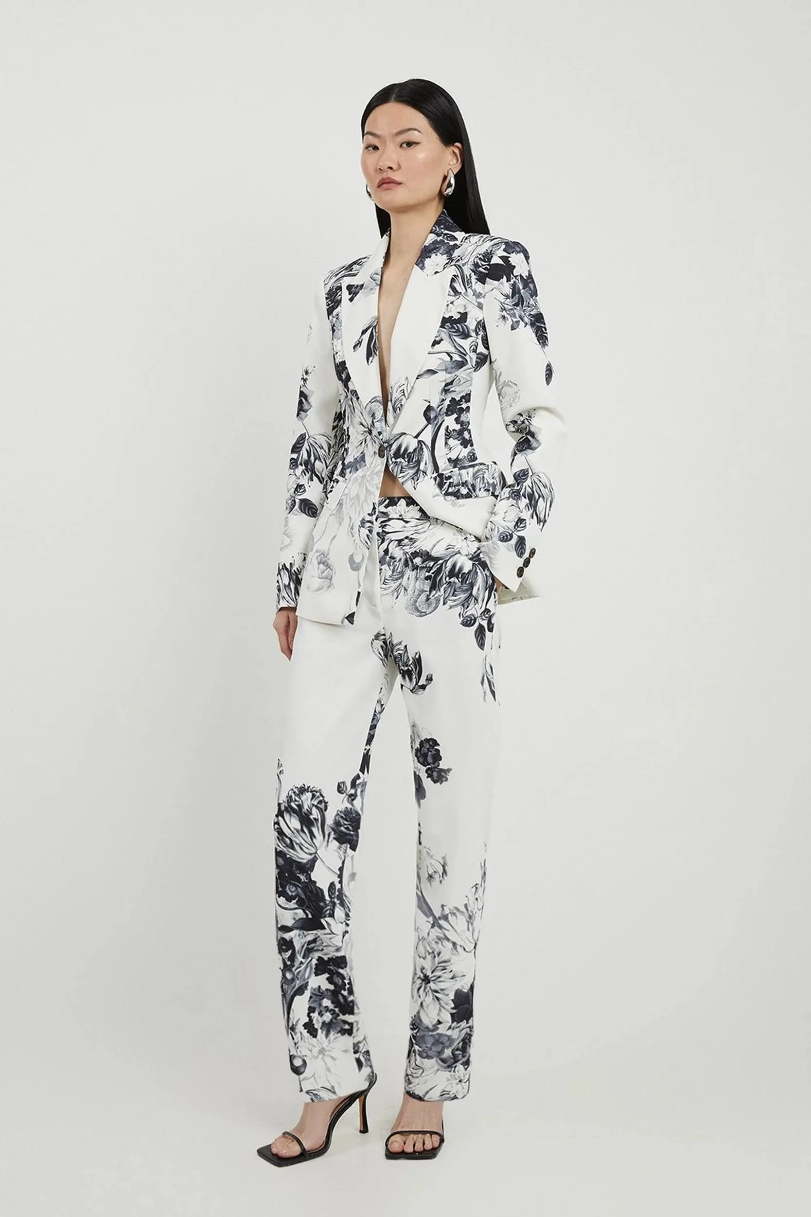 Tailored Crepe Printed Mono Floral Slim Leg Tailored Trousers