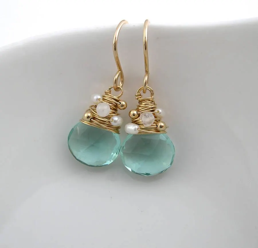 Aquamarine Or Navy Quartz, Moonstone And Pearl Earrings