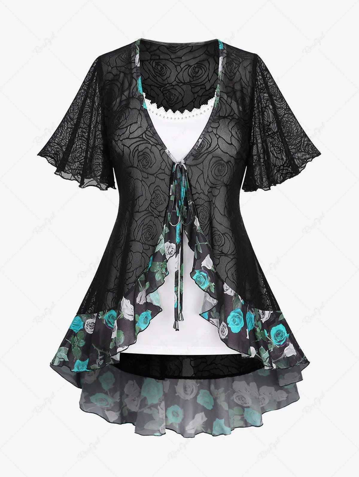 Plus Size Rivet Lace Trim Cami Top and Rose Flower Mesh Floral Ruffles Chiffon Trim Tie Tulip Top - 1x | Us 14-16