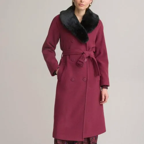 Wool Mix Double-Breasted Coat with Faux Fur Collar and Pockets
