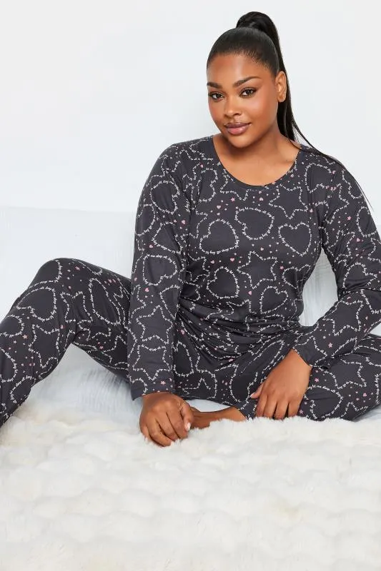 YOURS Curve Grey Heart & Star Print Tapered Pyjama Set
