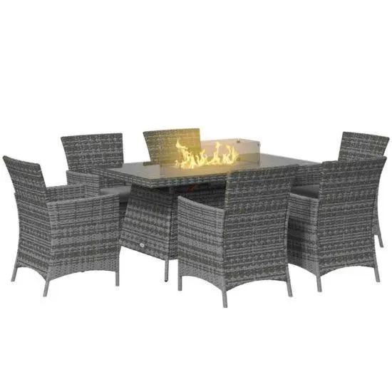 Outsunny 7pc PE Rattan Dining Set w/ Fire Pit Table - Grey