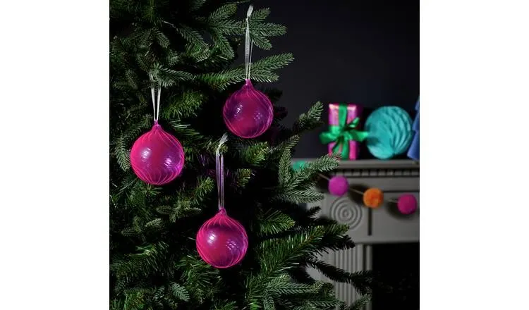 Habitat Pack of 3 Twisted Christmas Baubles - Neon Pink