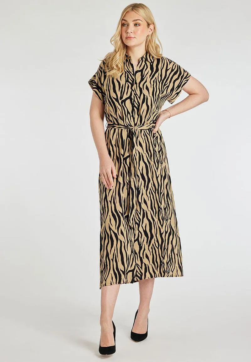 Womens Brown & Black Zebra Midi Shirt Dress