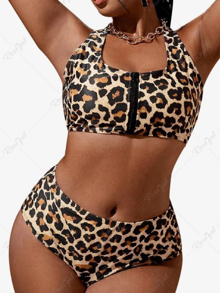 Plus Size Zipper Racerback Leopard Padded Bikini Swimsuit - 2xl