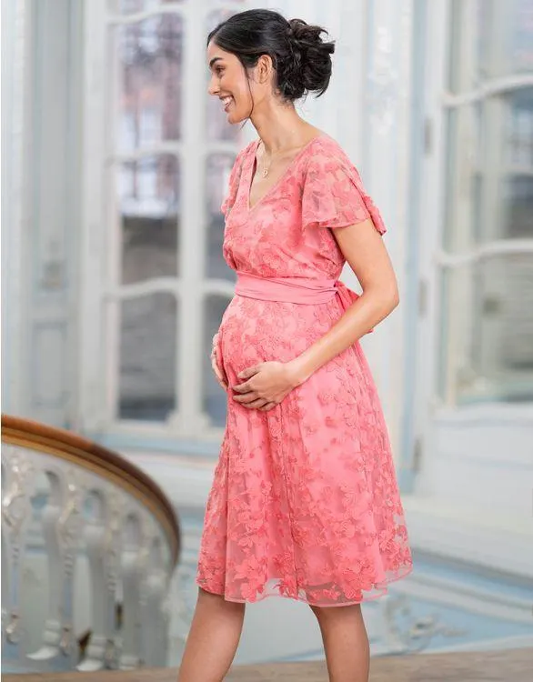Coral Pink Floral Lace Maternity to breastfeeding Occasion Dress