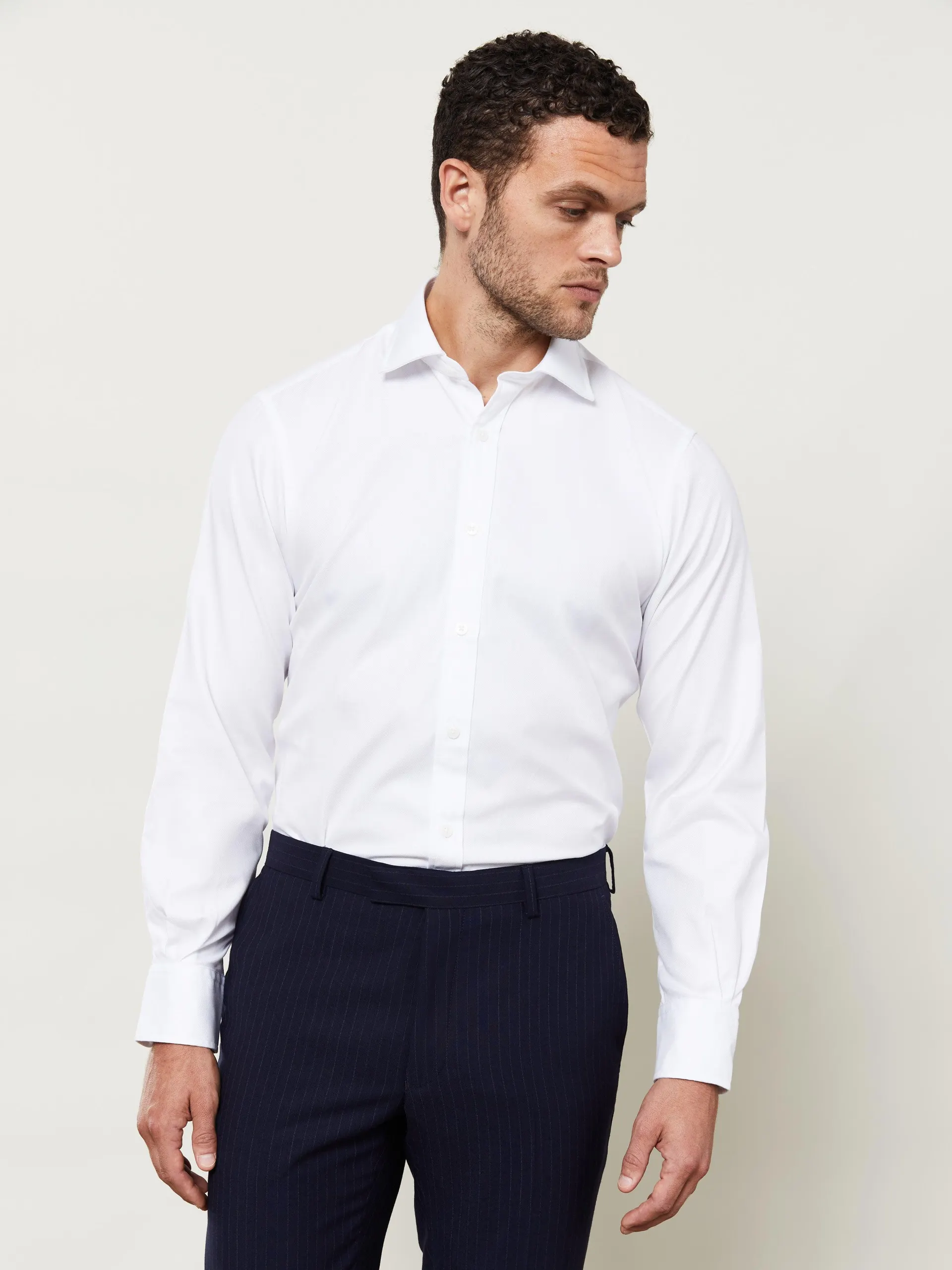 White Twill Fitted Button Cuff Shirt