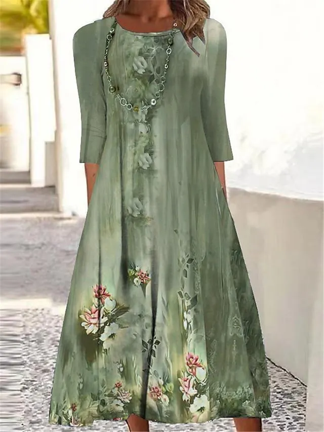 Women's Casual Dress Summer Dress Print Dress Floral Ruched Print Crew Neck Midi Dress Active Fashion Outdoor Daily 3/4 Length Sleeve Regular Fit Dark Green Purple Fuchsia Summer Spring S M L XL XXL