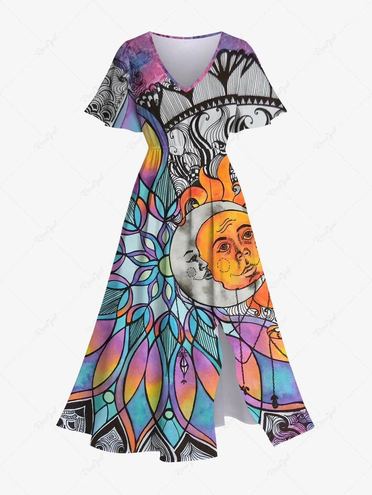 Plus Size Colorful Ombre Dreamcatcher Sun Moon Colorblock Print Split Pocket A Line Dress - 1x